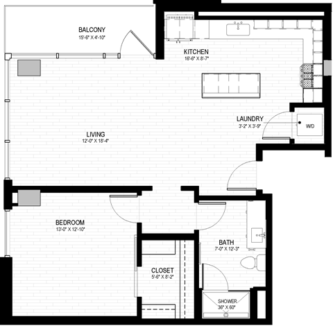 Floor plan for 1 bed, 1 bath, 912 sqft